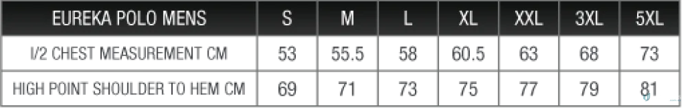 Eureka Polo mens size chart for work uniforms and workwear, perfect for uniforms