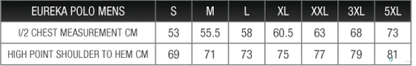 Eureka Polo mens size chart for work uniforms and workwear, perfect for uniforms