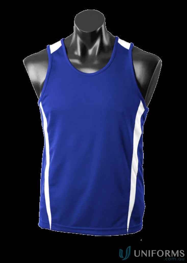 Blue and white Eureka Singlet athletic tank top made with breathable fabric for workwear or uniforms