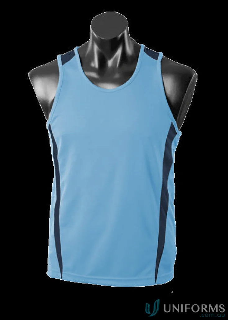 Light blue and navy Eureka Singlet athletic tank top made with comfy fabric for workwear or uniforms