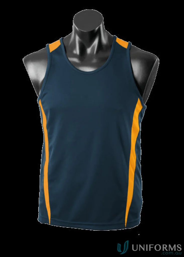 Navy and gold Eureka Singlet athletic tank top made from breathable fabric, great for uniforms or workwear