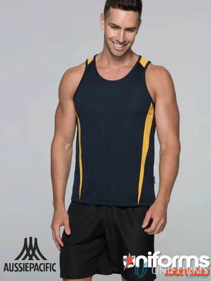 Navy and gold Eureka Singlet athletic tank top made from durable fabric for active wear