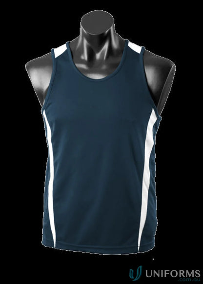 Navy and white athletic tank top made from comfortable fabric, perfect for uniforms or workwear