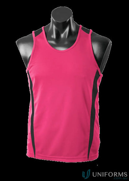 Pink and black Eureka Singlet athletic tank top made from breathable fabric for workwear or uniforms