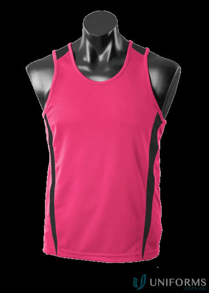 Pink and black Eureka Singlet athletic tank top made from breathable fabric for workwear or uniforms