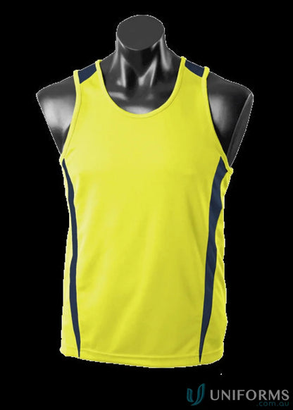Yellow and navy Eureka Singlet athletic tank top made with breathable fabric for workwear or uniforms