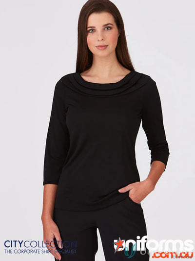 Eva Knit 3Q Top featuring a black cowl neck knit style for a cozy look
