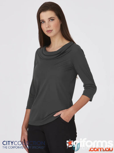 Woman wearing Eva Knit 3Q Top in gray, showcasing cozy knit style and eva knit fashion