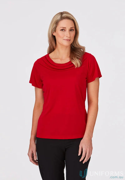 Eva Knit SS Top featuring a woman in a stylish red cowl neck knit style top