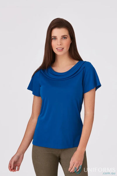 Eva Knit SS Top featuring a woman in a stylish blue cowl-neck knit style shirt