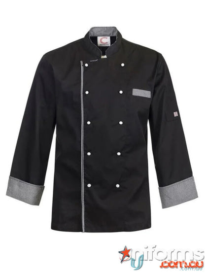 Black Executive Chef Jacket with checkered accents and vented chef jacket design
