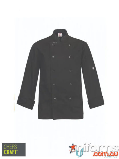 Black executive chef jacket with press studs, stays cool and stylish in the kitchen