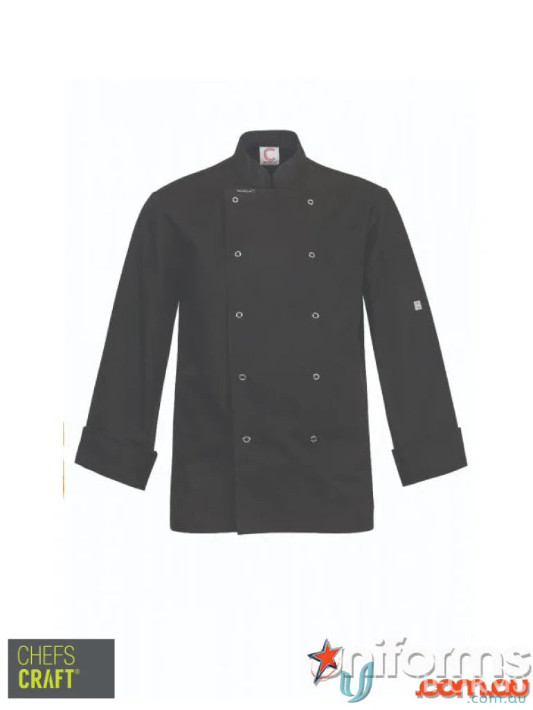Black executive chef jacket with press studs, stays cool and stylish in the kitchen