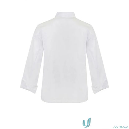 White long-sleeved executive chef jacket with press studs to stay cool in the kitchen