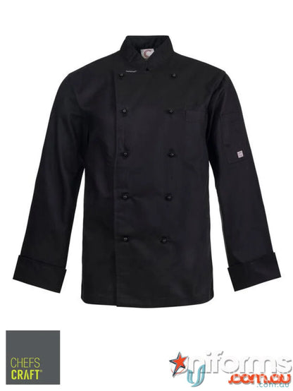 Black chef’s jacket with long sleeves, ideal for chef uniforms and workwear