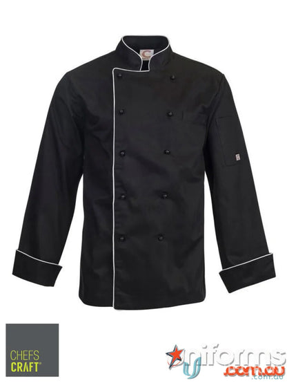 Black chef’s jacket with contrast piping, stylish workwear for chefs and kitchen pros