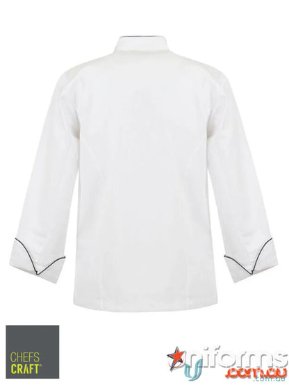 White chef’s jacket with contrast piping from Executive Piping L/S Chef Jacket workwear