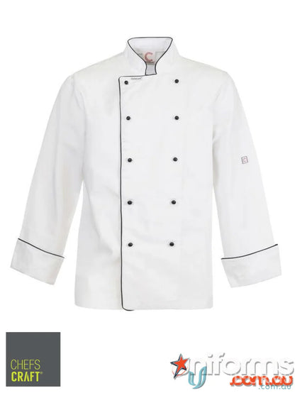 White chef’s jacket with black contrast piping, part of professional culinary workwear