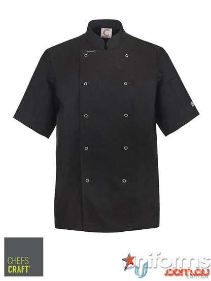 Black short-sleeved chef jacket with white buttons, perfect workwear for chefs