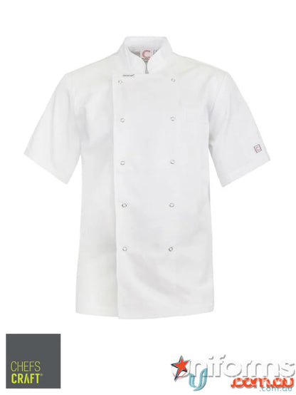 White short-sleeved chef jacket with double-breasted buttons for professional workwear