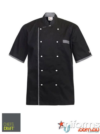 Black chef’s jacket with checkered trim from Executive S S Vented Chef Jacket, perfect workwear