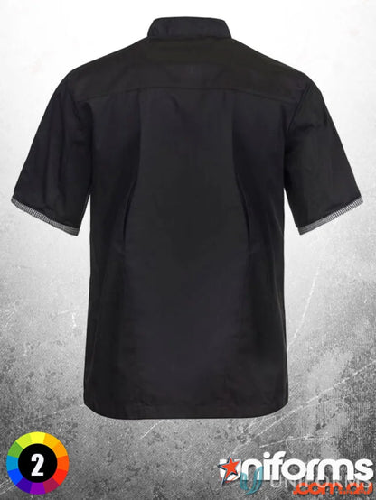 Black short-sleeved chef’s shirt from the Executive S/S Vented Chef Jacket, great check fabric workwear