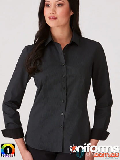 Black long-sleeved collared shirt with subtle stripes from Expresso Ladies Workwear collection