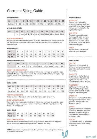 Garment sizing guide with measurements and fit styles for women’s workwear and uniforms
