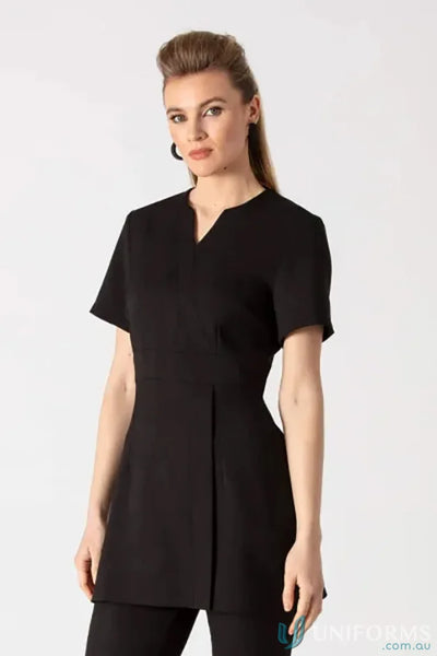 Black linen-look fashion tunic with short sleeves made from stylish linen-look fabric