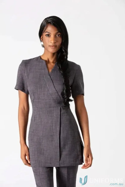 Gray short-sleeved wrap tunic in linen-look fashion fabric from Exquisite Linen-Look Tunic