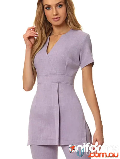 Lavender linen-look fashion fabric tunic and pants set for stylish linen-look fashion