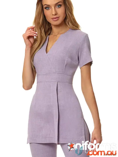 Lavender linen-look fashion fabric tunic and pants set for stylish linen-look fashion