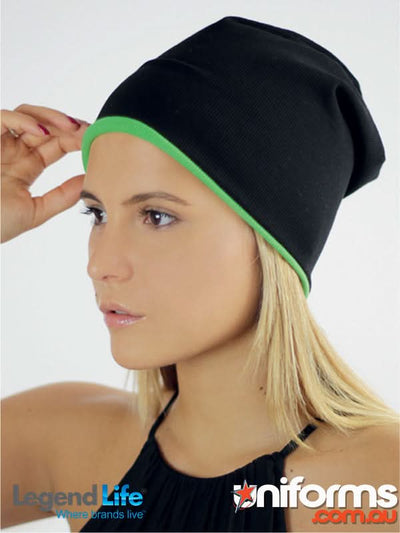 Extreme Beanie with black and green trim, perfect for marketing info sheets