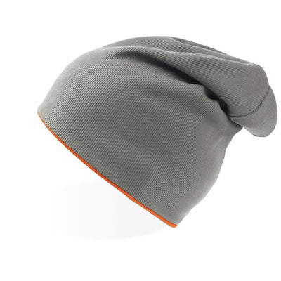 Gray knit beanie with orange trim from Extreme Beanie - perfect for marketing info sheets