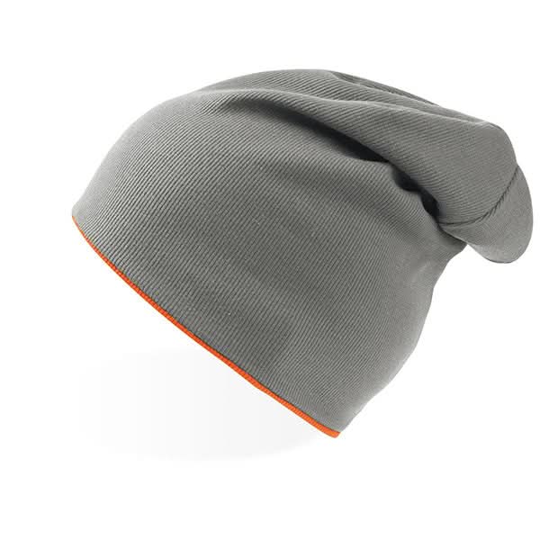 Gray knit beanie with orange trim from Extreme Beanie - perfect for marketing info sheets