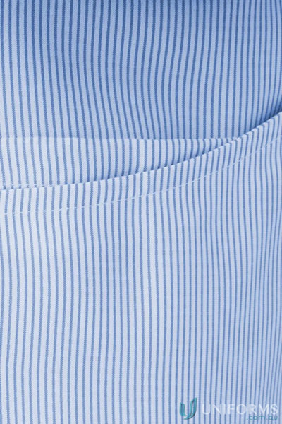 Blue and white pinstriped fabric with curved dual pockets on Ezylin Dual Pocket Stripe Shirt