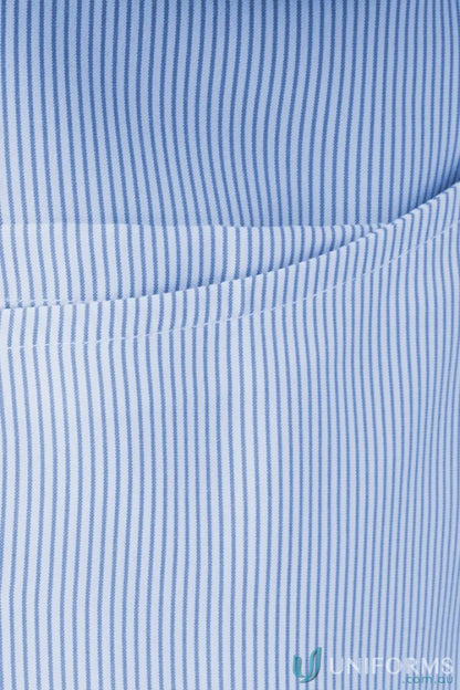 Blue and white pinstriped fabric with curved dual pockets on Ezylin Dual Pocket Stripe Shirt