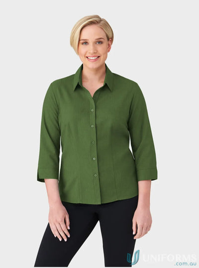 Ezylin Ladies 3Qtr Shirt in dark green with shaped hem and open neckline for work uniforms