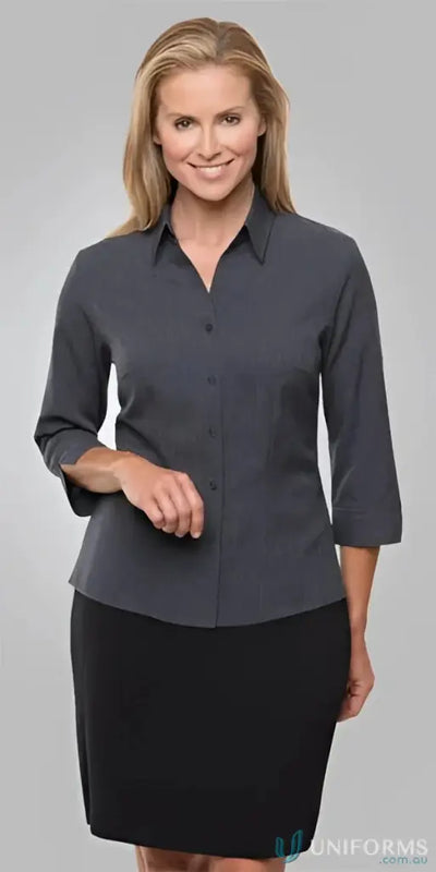 Woman in gray blouse with open neckline and shaped hem from Ezylin Ladies 3Qtr Shirt, perfect work uniforms