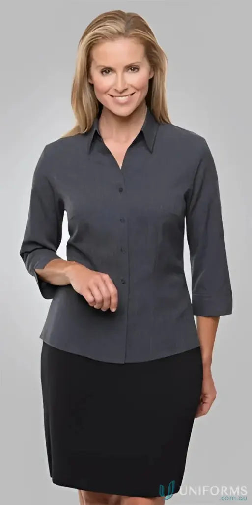 Woman in gray blouse with open neckline and shaped hem from Ezylin Ladies 3Qtr Shirt, perfect work uniforms