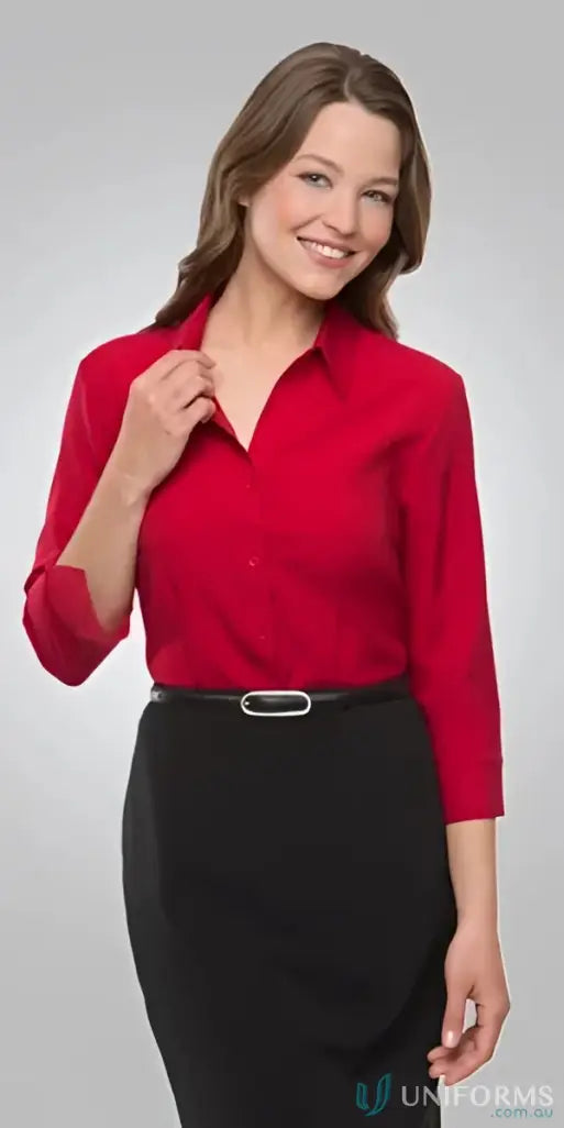 Woman in red blouse with shaped hem and open neckline for Ezylin Ladies 3Qtr Shirt