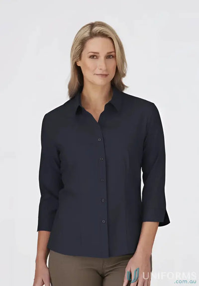 Ezylin Ladies 3qtr Shirt in dark blue with shaped hem and open neckline for work uniforms