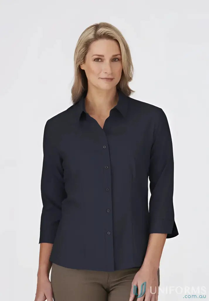 Ezylin Ladies 3qtr Shirt in dark blue with shaped hem and open neckline for work uniforms