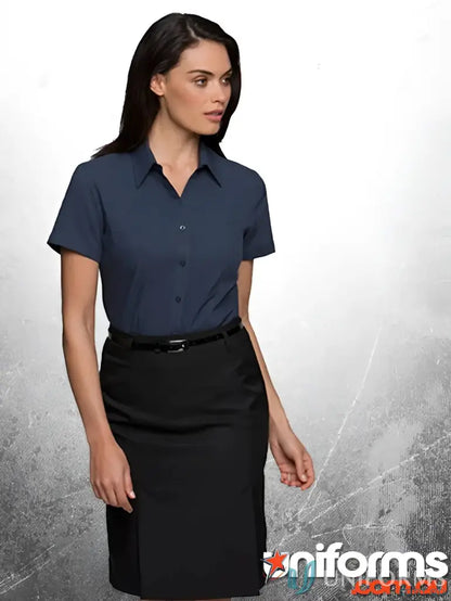 Ezylin Ladies S/S Shirt in navy with black skirt perfect for work uniforms and workwear