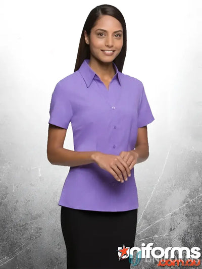 Ezylin Ladies S/S Shirt in purple with black skirt, perfect workwear or uniforms