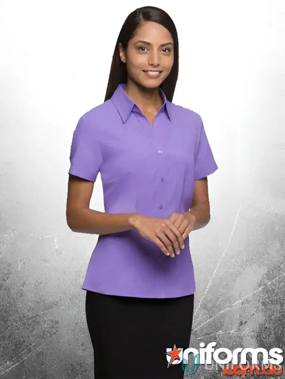 Ezylin Ladies S/S Shirt in purple with black skirt, perfect workwear or uniforms