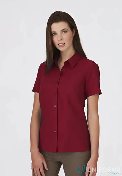 Ezylin Ladies S/S Shirt workwear in maroon with olive-green pants perfect for uniforms