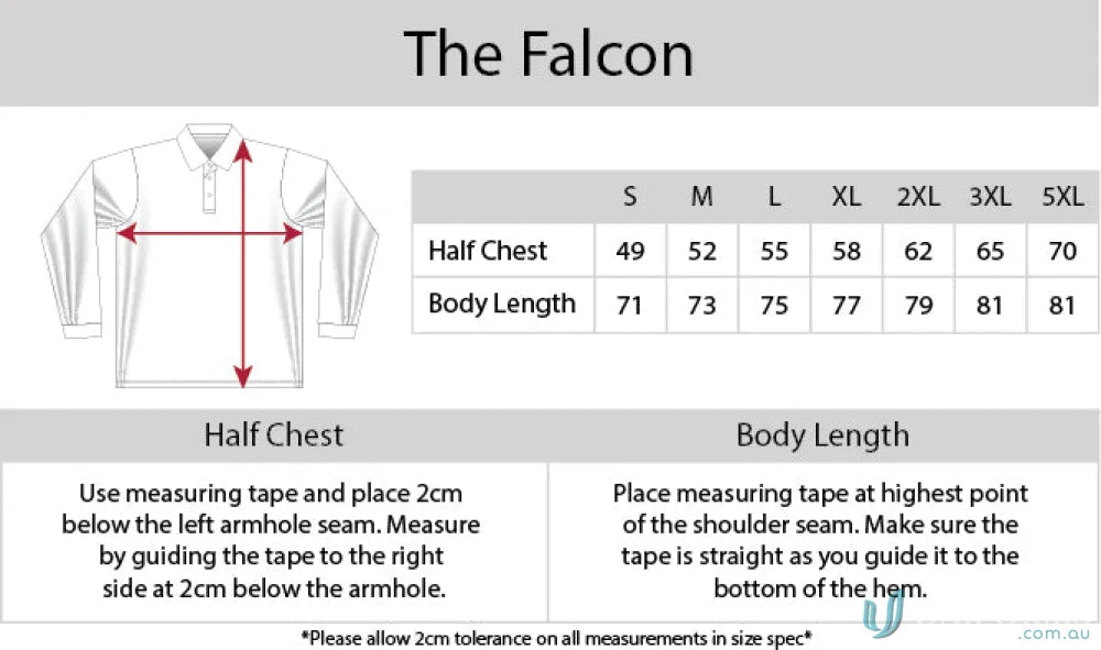 Clothing size chart for Falcon LS Polo with cooldry moisture management tech