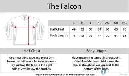 Clothing size chart for Falcon LS Polo with cooldry moisture management tech