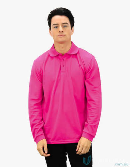 Man in pink Falcon LS Polo with cooldry moisture management technology for comfort